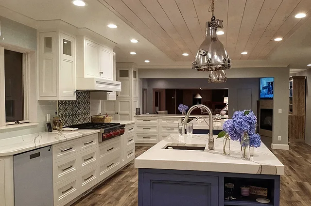 white kitchen with blue-gray island and pendant, Kitchens & Vanities